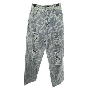 Akira Women’s High Rise Chainlink Print Distressed Straight Mom Jeans Small